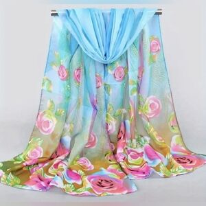 Women's Lightweight Chiffon Floral Print Scarf, Colorful Flower Shawl, T10MIS